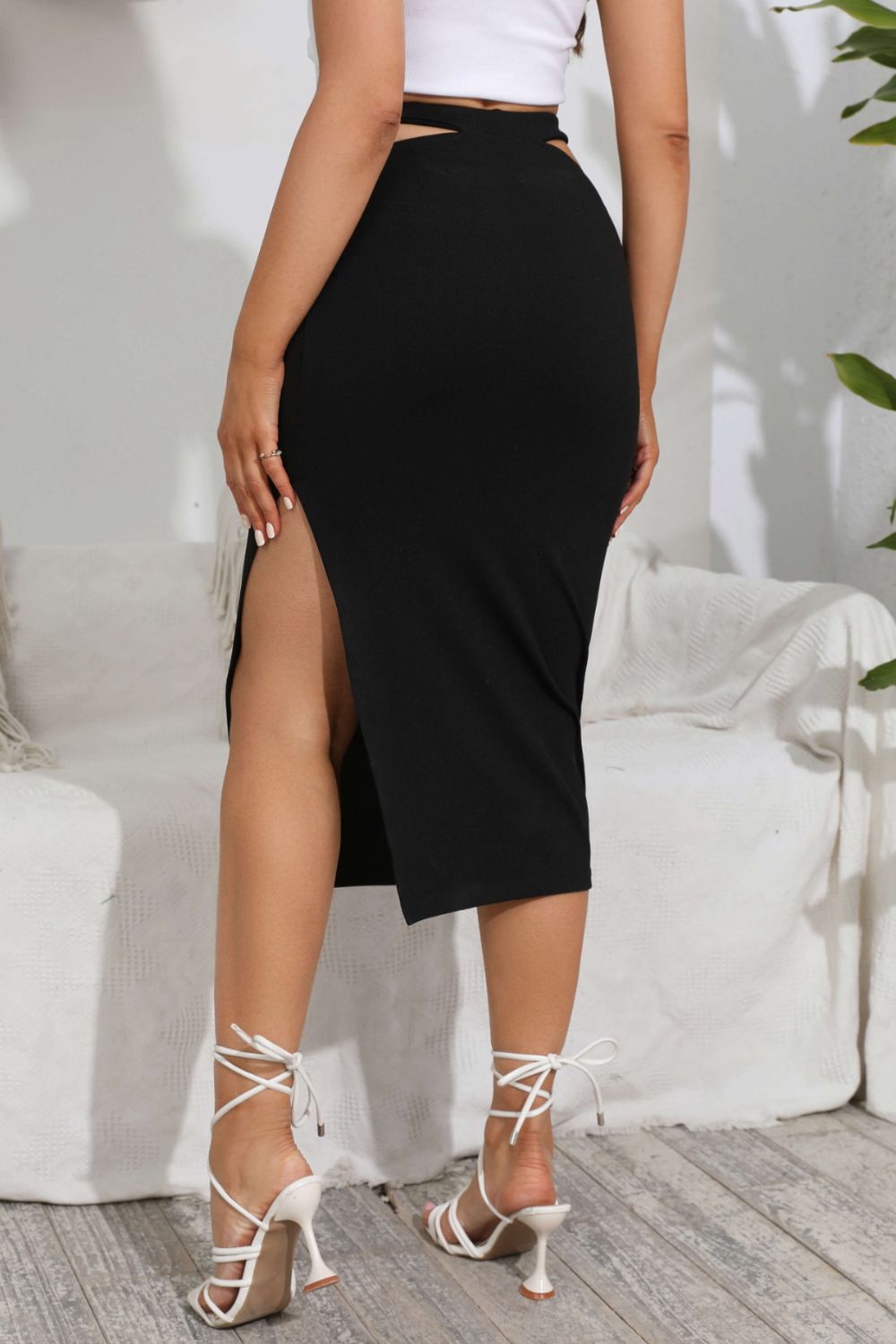 Cut You Up Side Slit Stretch Midi Skirt in Solid Black