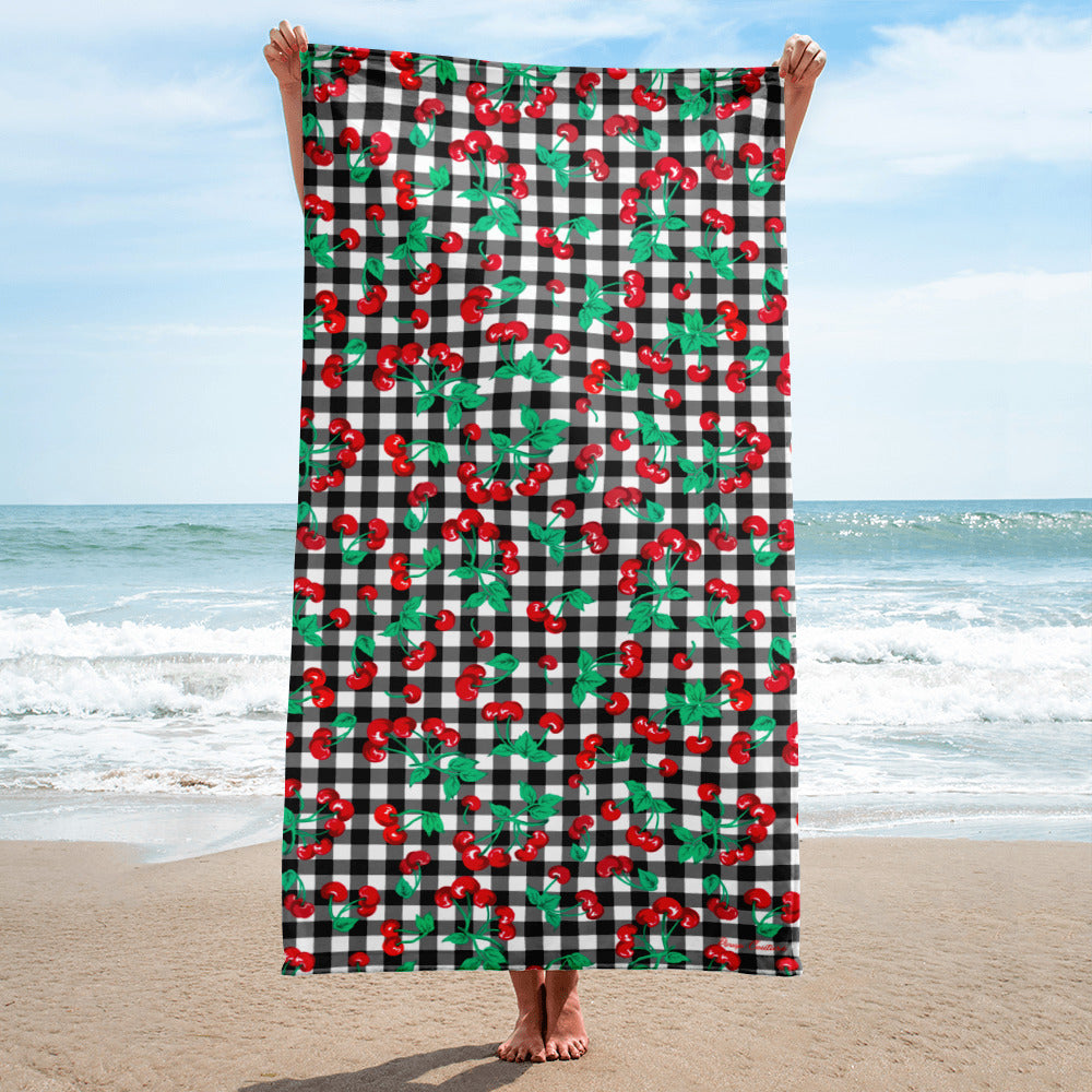 Arden Black Gingham Cherry Girl Beach & Bath Towel | Pinup Couture Home