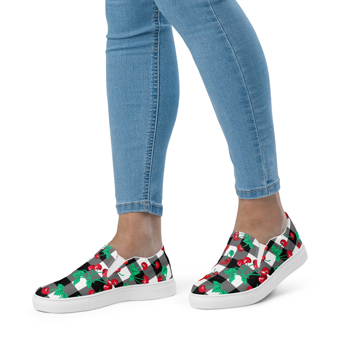 Black Gingham Cherry Girl Women’s Canvas Slip-On Deck Shoes | Pinup Couture Relaxed