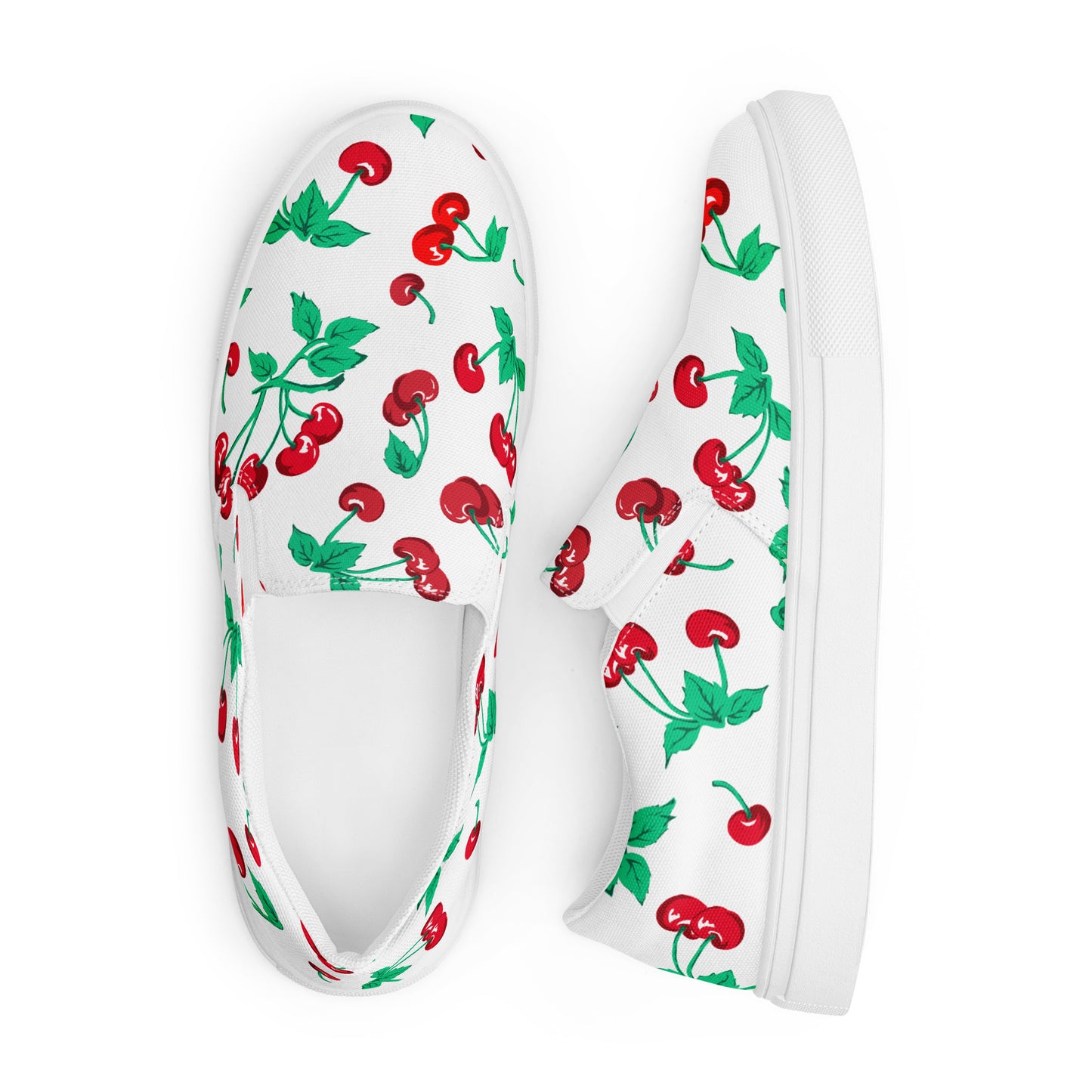 White Chocolate Cherry Print Women’s Canvas Slip-On Deck Shoes | Pinup Couture Relaxed