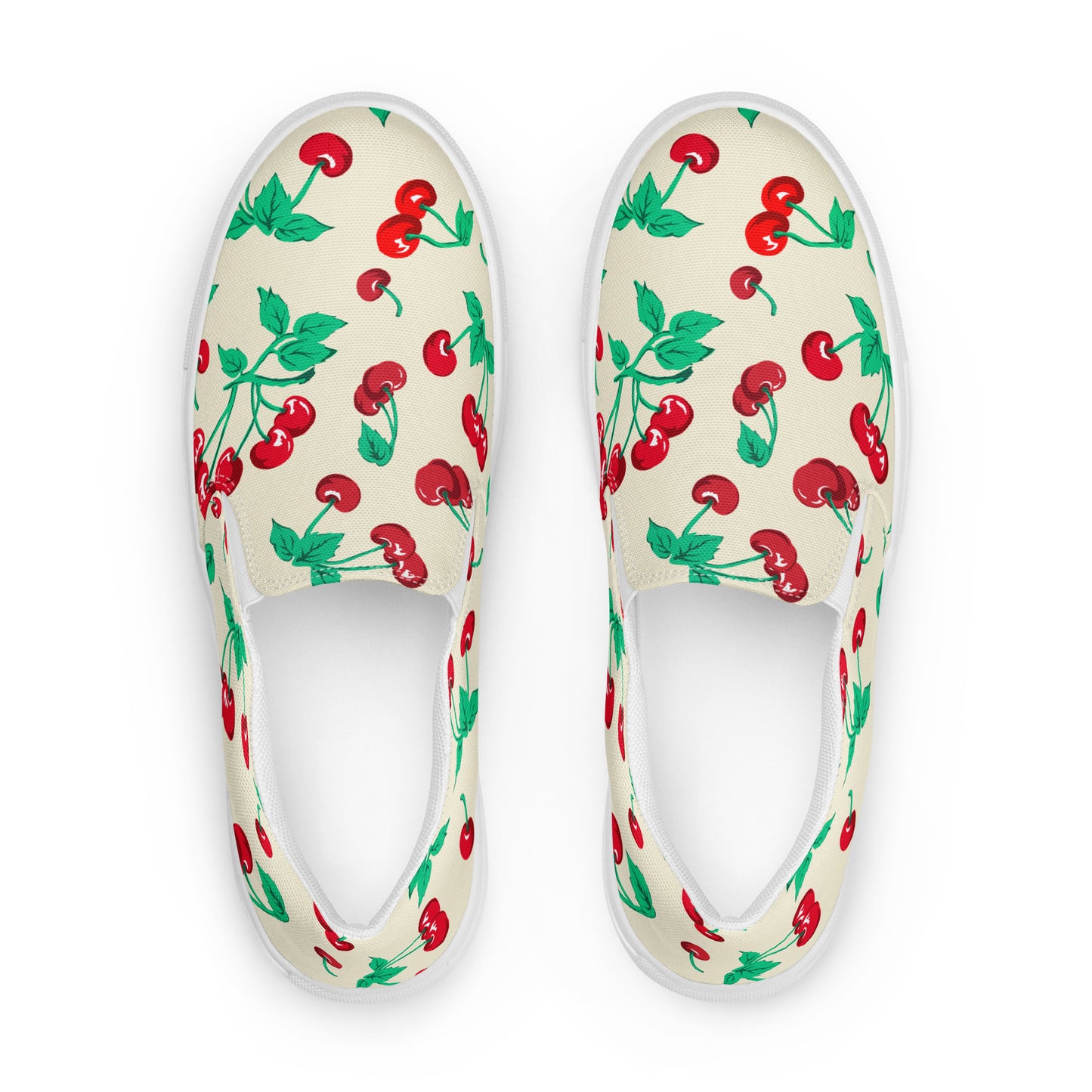 Antique Ivory Cherry Girl Women's Canvas Slip-On Flat Deck Shoes | Pinup Couture Relaxed