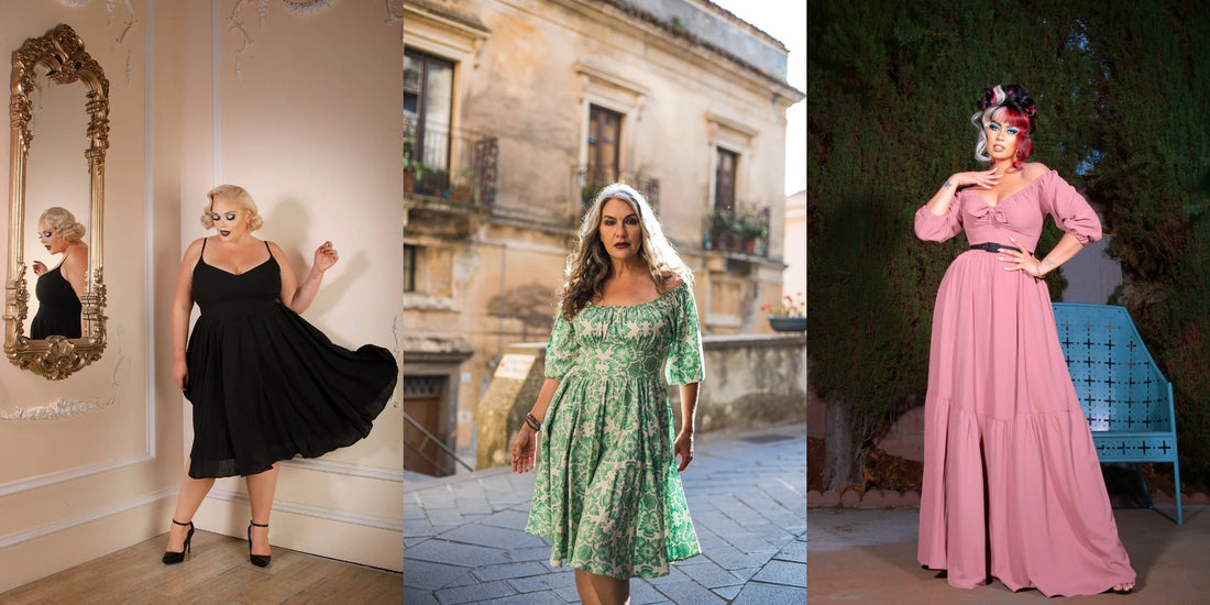 Three curvy models in Pinup Girl Clothing dresses: the Amalie swing dress in black, the Marie-Therese in green Noto Tile and the Molly maxi in mulberry pink