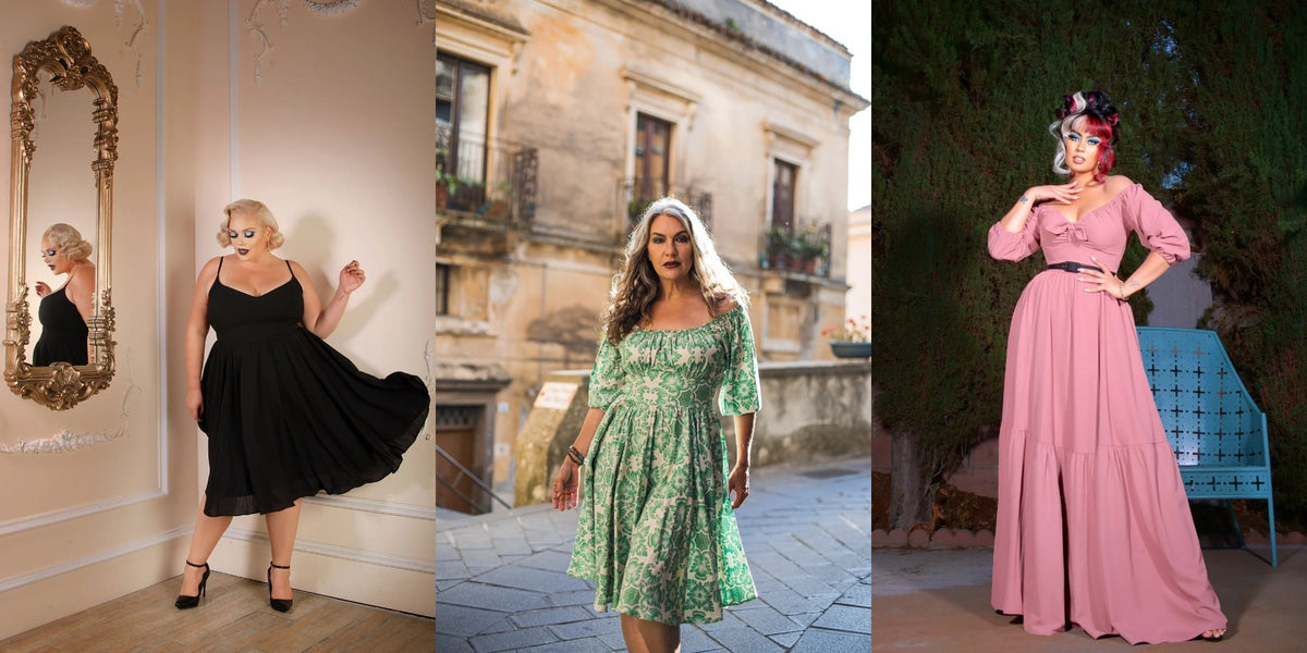 Three curvy models in Pinup Girl Clothing dresses: the Amalie swing dress in black, the Marie-Therese in green Noto Tile and the Molly maxi in mulberry pink