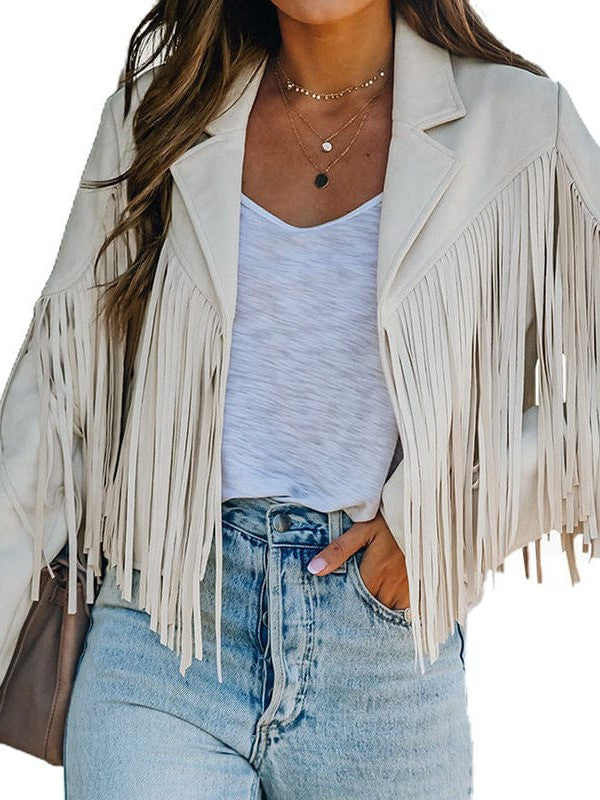 Cropped fringe suede jacket from the Layers of Persuasion collection at Pinup Girl Clothing