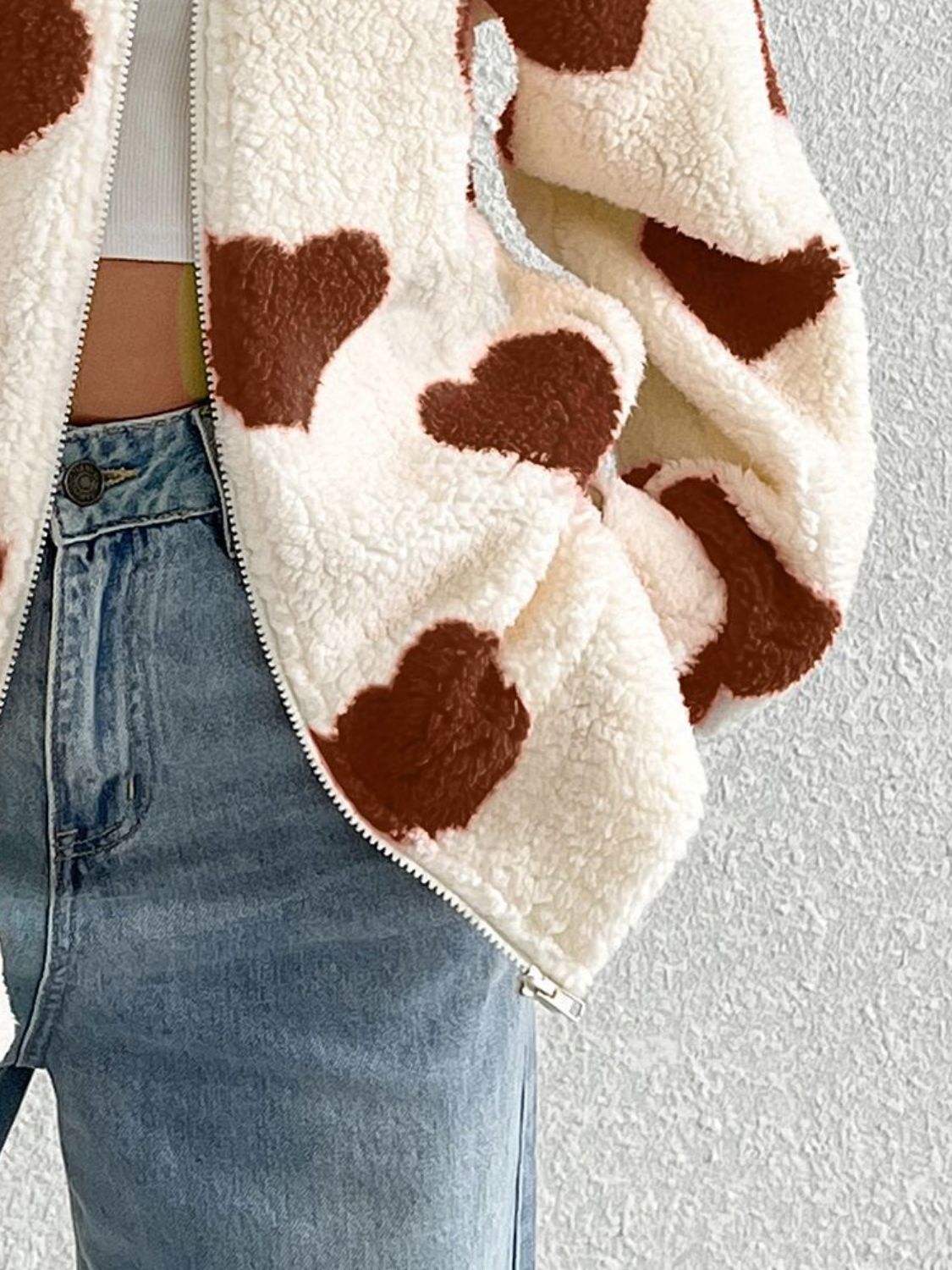 Aria Heart Zip Up Drop Shoulder Furry Jacket | 3 Colors