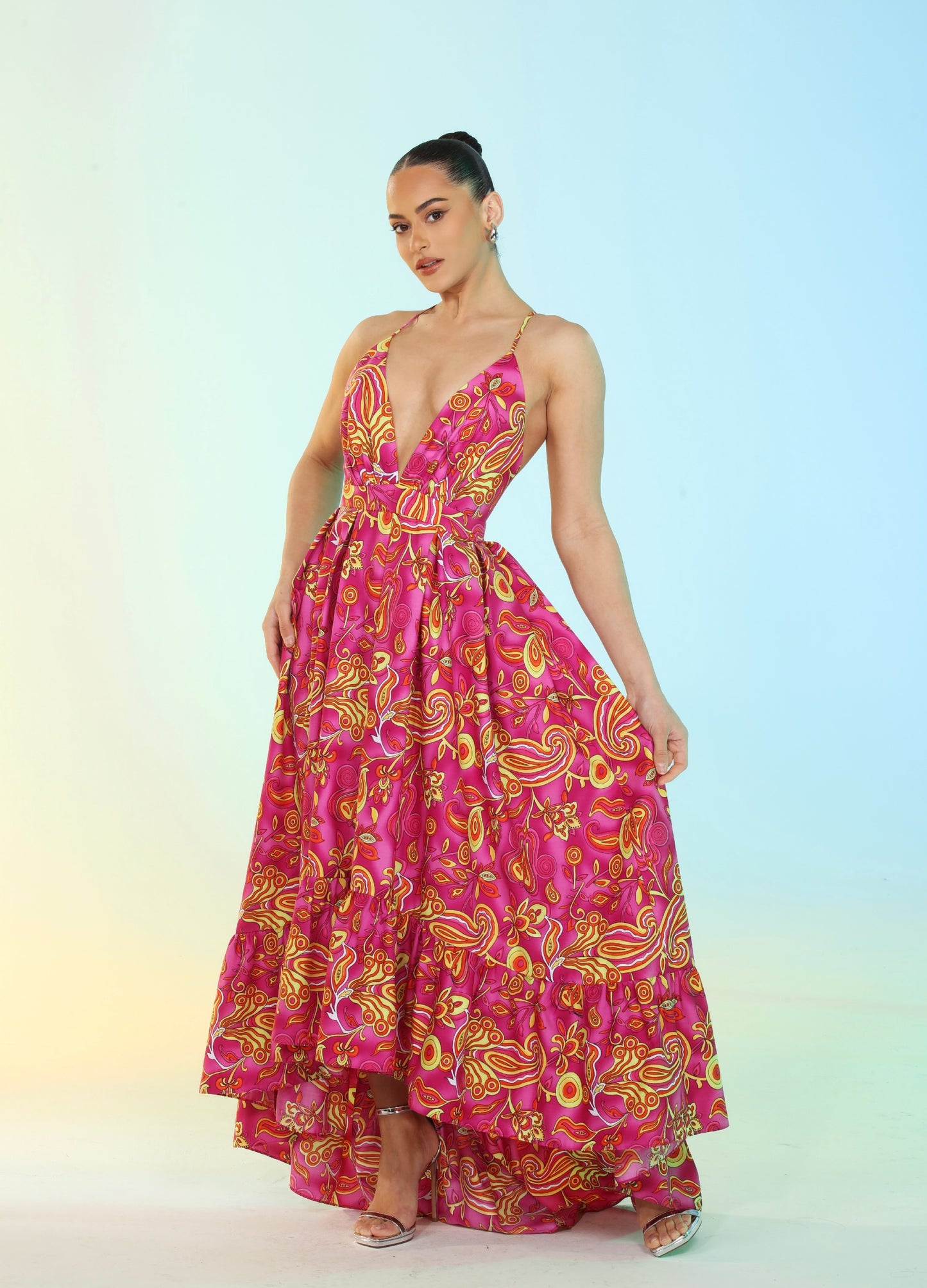 Jasmine Spaghetti Strap Cross-Back High-Low Ruffle Paisley Maxi Dress