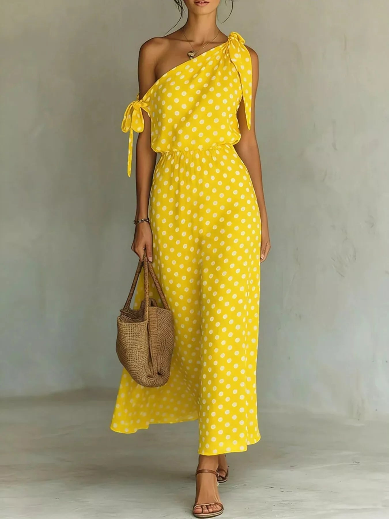 Dorothea one-shoulder polka dot midi dress in yellow by Pinup Girl Clothing