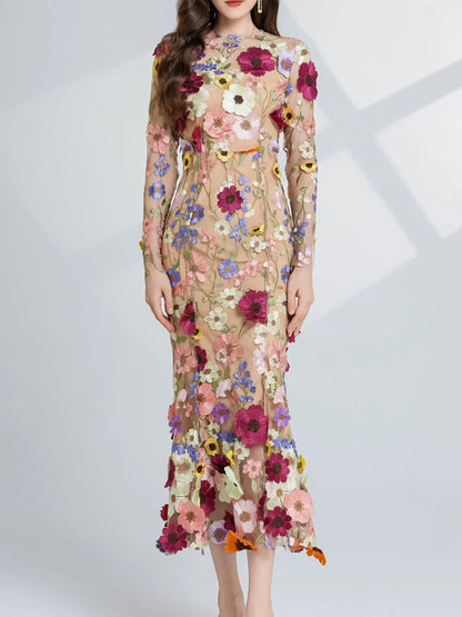 Floral embroidered mesh maxi dress with long sleeves, by Pinup Girl Clothing, sizes XS to 4X.