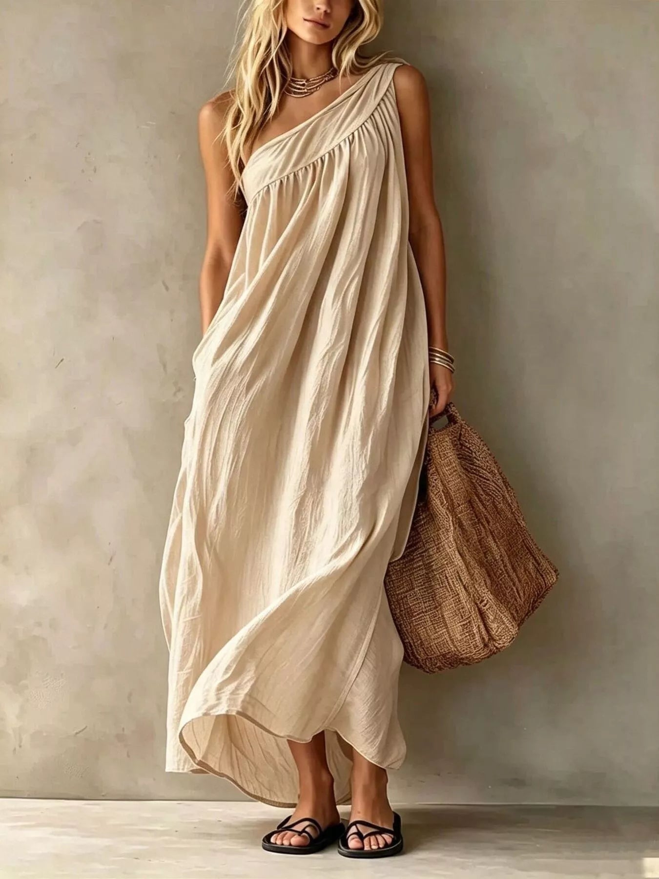 Delphine One-Shoulder Maxi Dress in Beige by Pinup Girl Clothing
