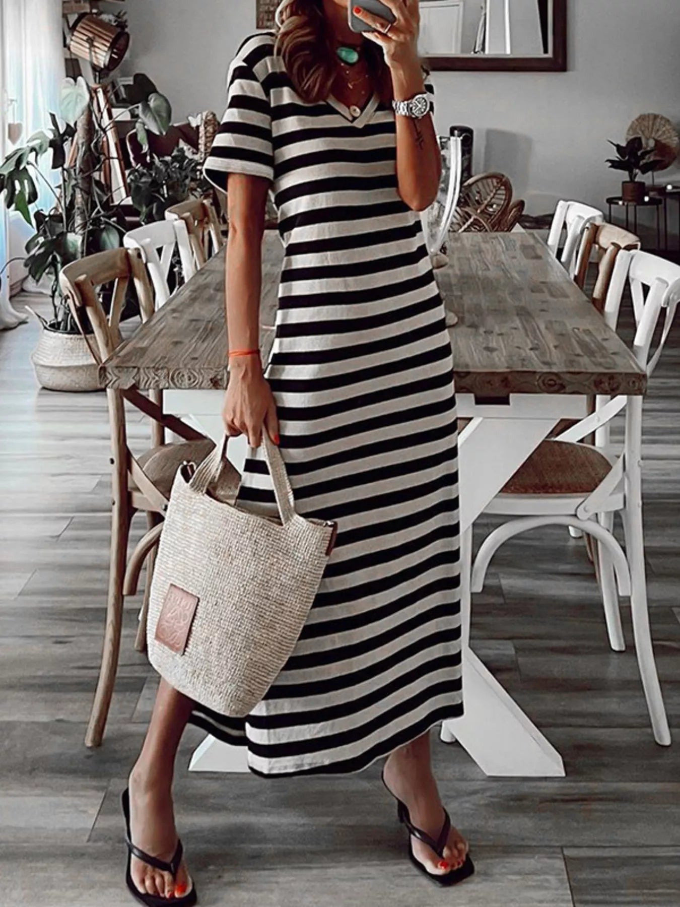 Vivian Striped V-Neck Midi Dress in White by Pinup Girl Clothing