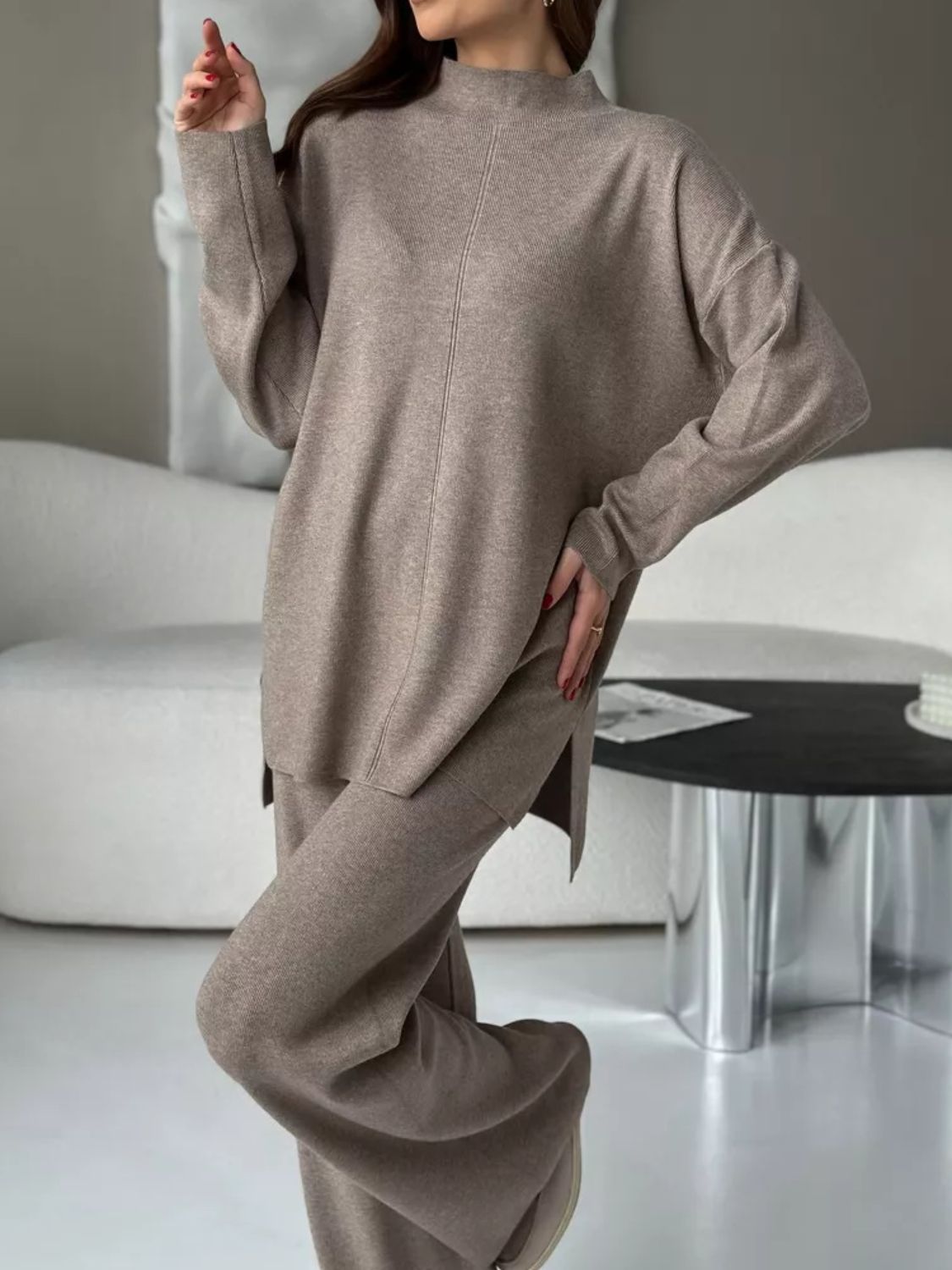 Gabriella Slit Mock Neck Top and Pants Sweater Set | 4 Colors