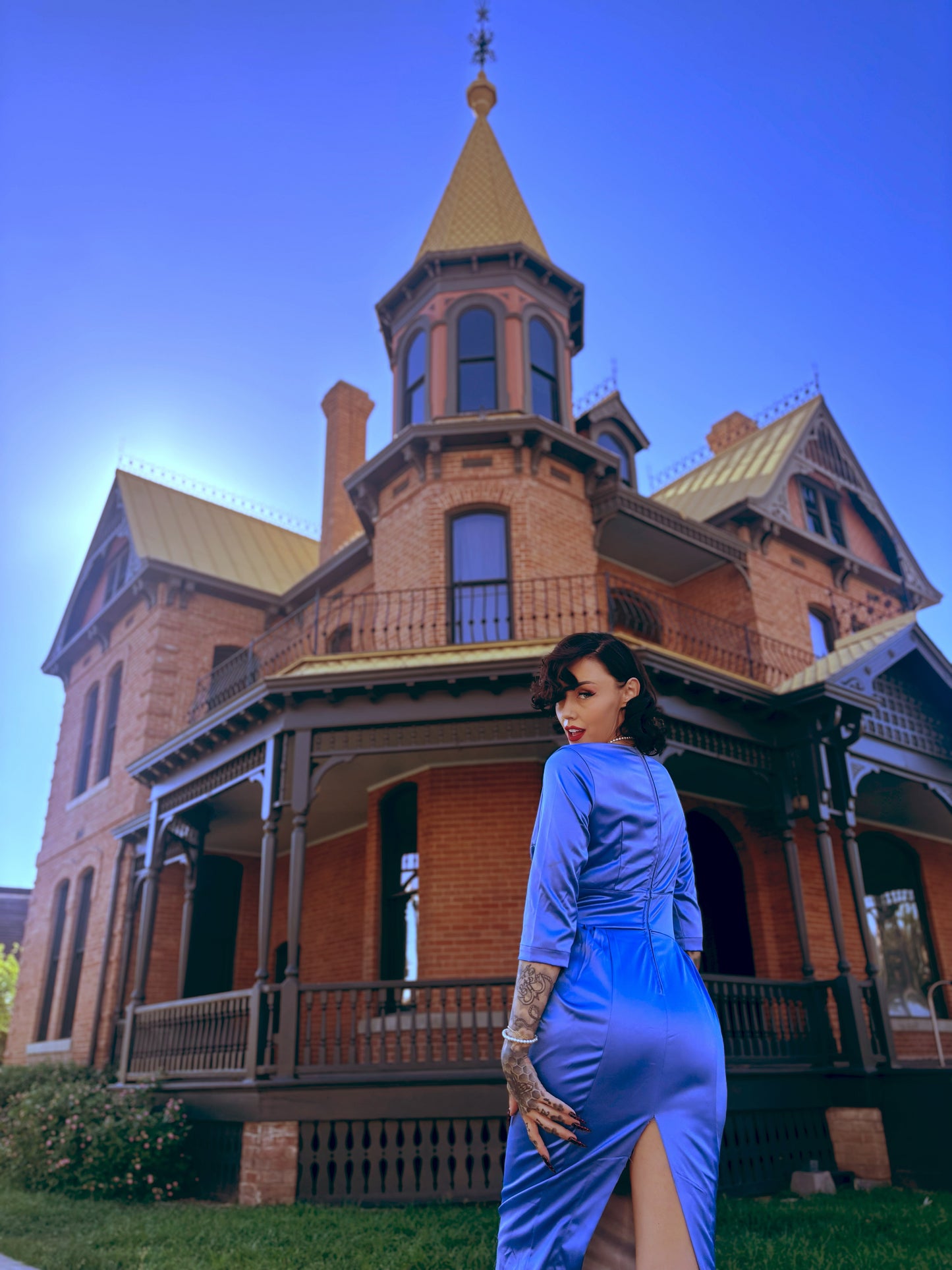 Mona Vintage Vamp Wiggle Dress in Sky Blue Satin | Pinup Couture