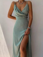 Ruched spaghetti-strap slit gown with old-Hollywood drama, by Pinup Girl Clothing, XS to 4X.