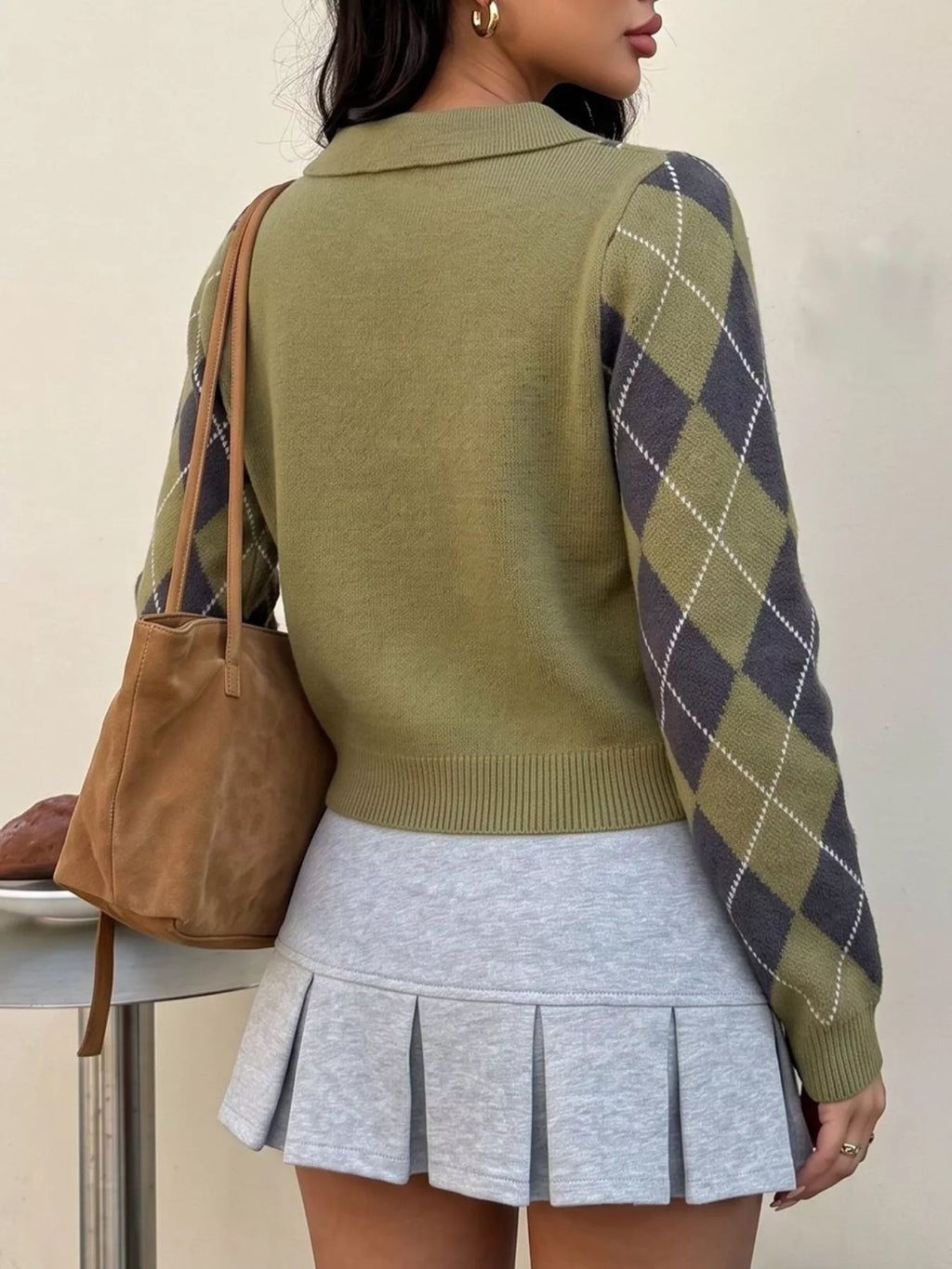 Prep School argyle cropped polo sweater in olive green back view