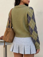 Prep School argyle cropped polo sweater in olive green back view