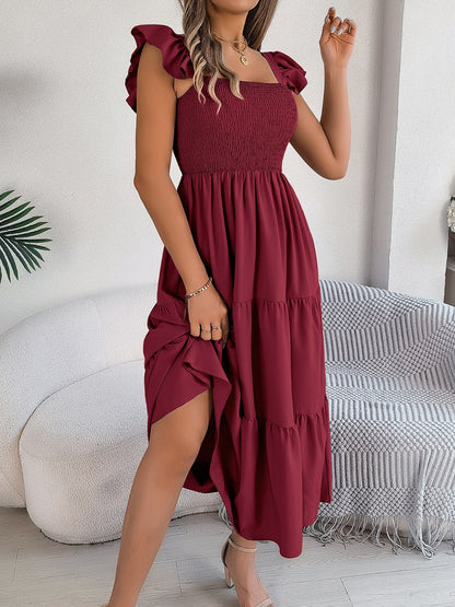 Smocked Square Neck Cap Sleeve Midi Dress