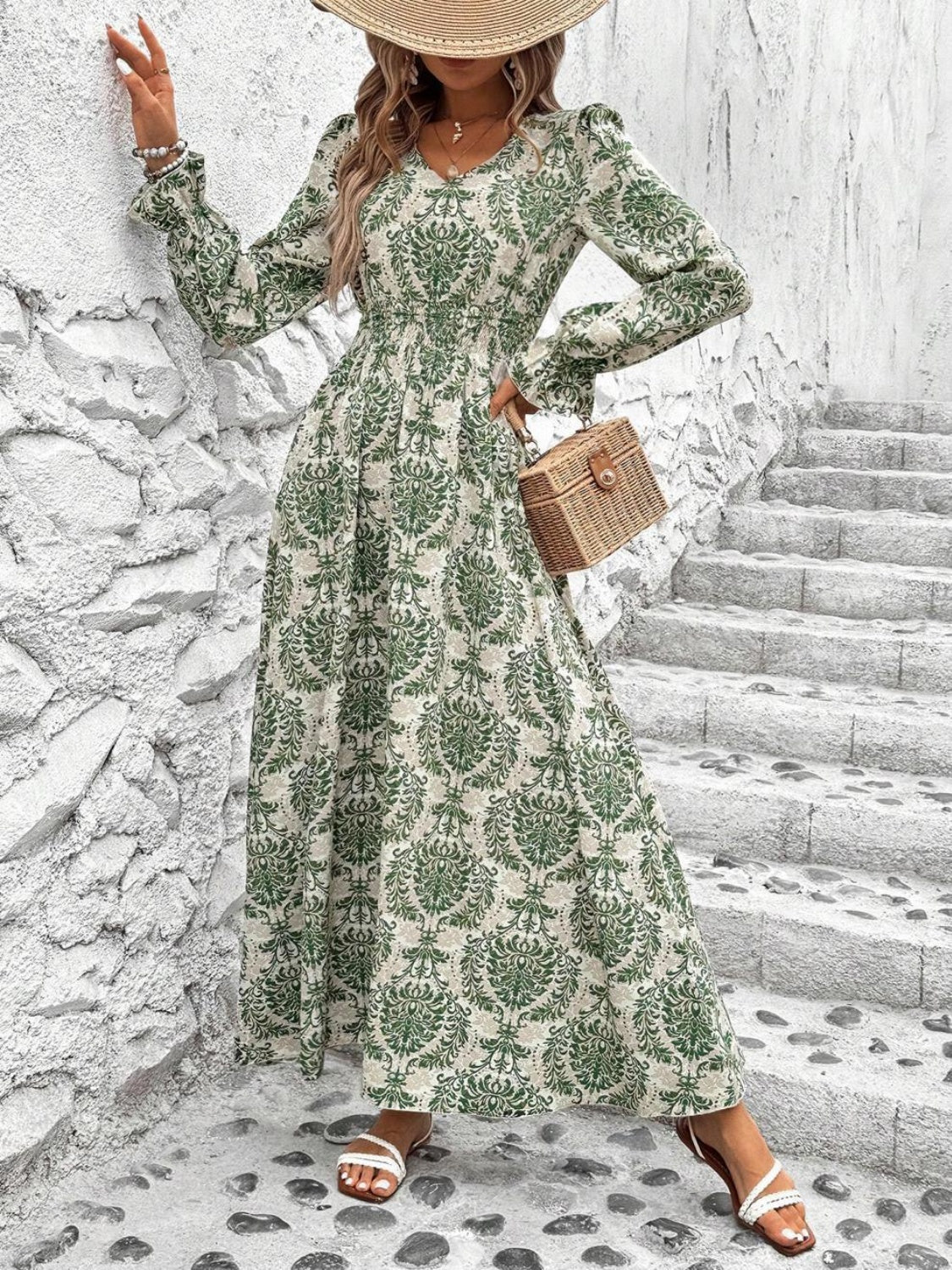Gianna Smocked Printed V-Neck Flounce Sleeve Dress | 4 Colors