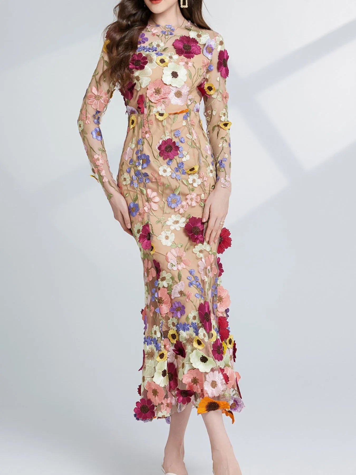 Floral embroidered mesh maxi dress with long sleeves, by Pinup Girl Clothing, sizes XS to 4X.