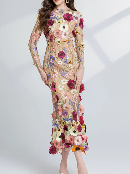 Floral embroidered mesh maxi dress with long sleeves, by Pinup Girl Clothing, sizes XS to 4X.