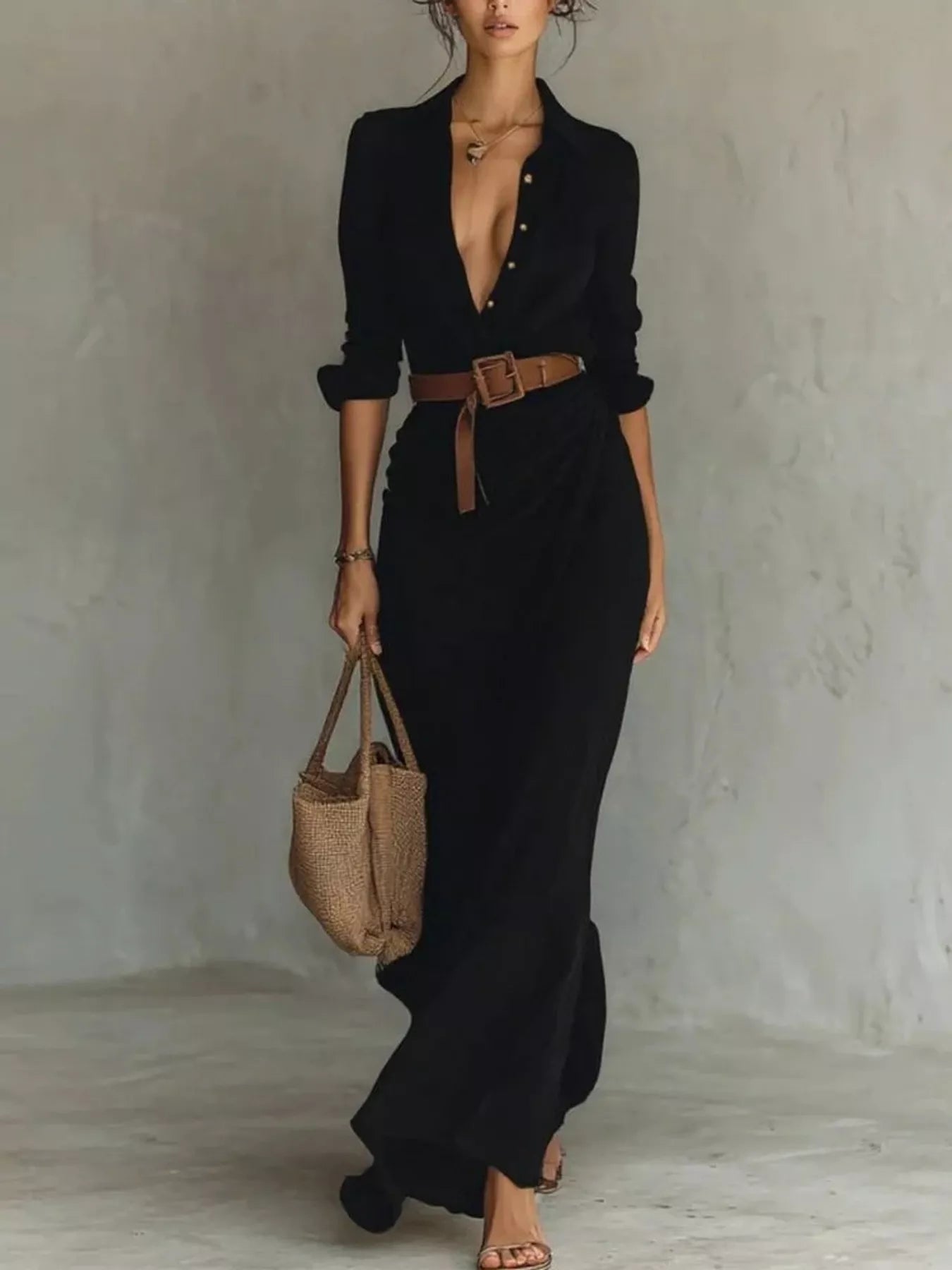 Simone belted wrap maxi dress in black with long sleeves and a ruched waist, by Pinup Girl Clothing