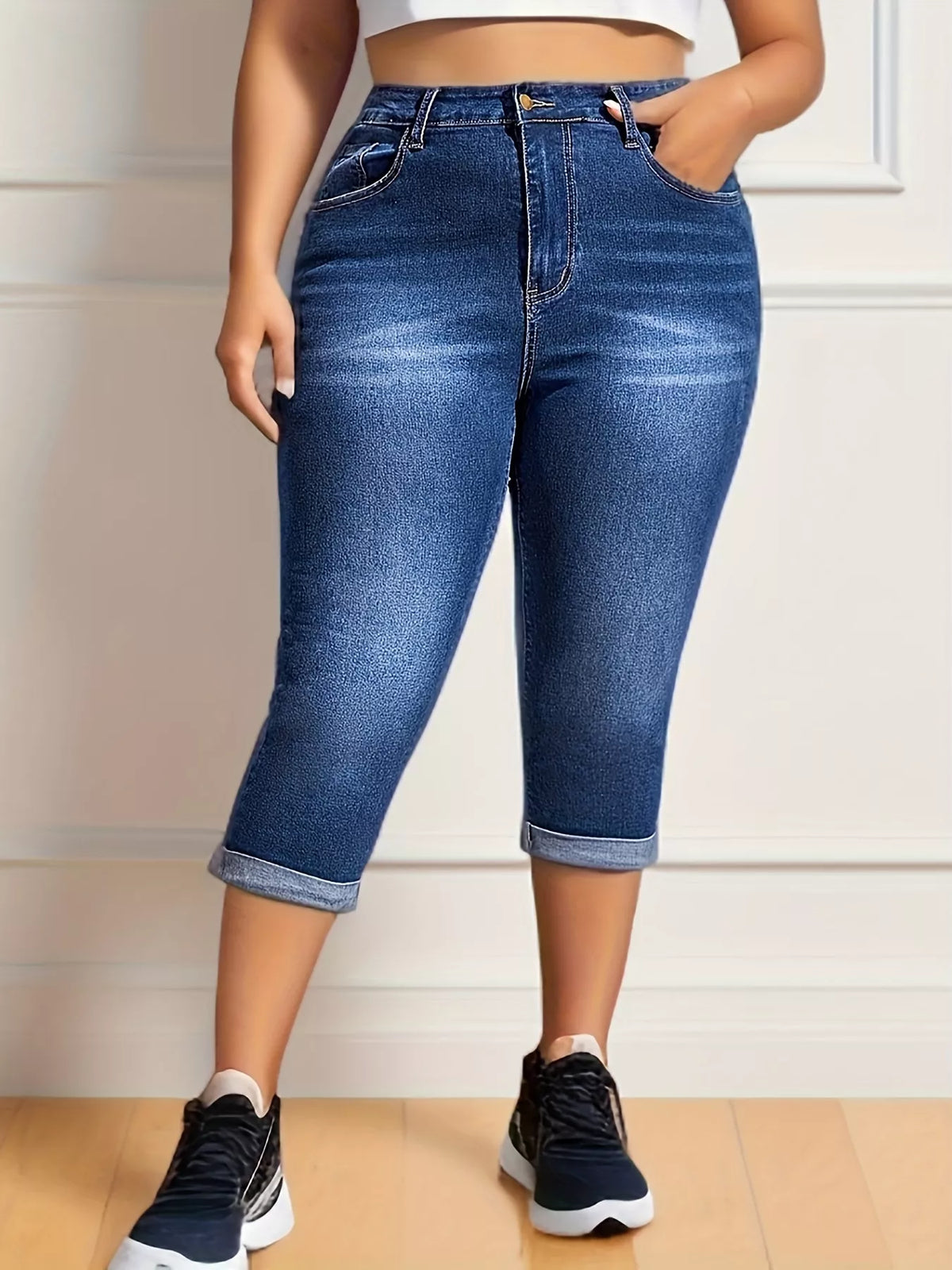 Marlowe rolled-hem high-waist denim capris in dark blue by Pinup Girl Clothing