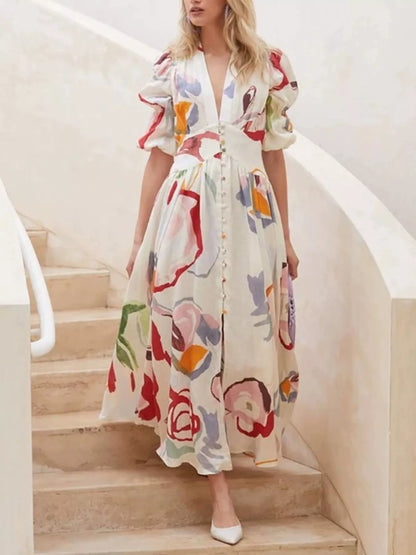 Genevieve painted print puff sleeve maxi dress in ivory white by Pinup Girl Clothing