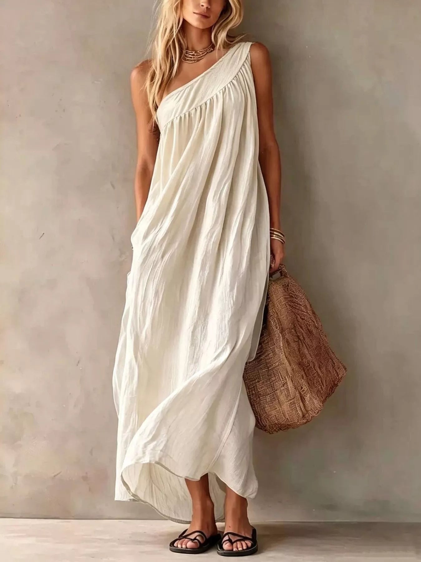 Delphine One-Shoulder Maxi Dress in White by Pinup Girl Clothing