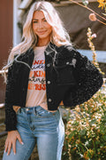 Rare Tour black denim jacket with sequin sleeves and raw hem by Pinup Girl Clothing