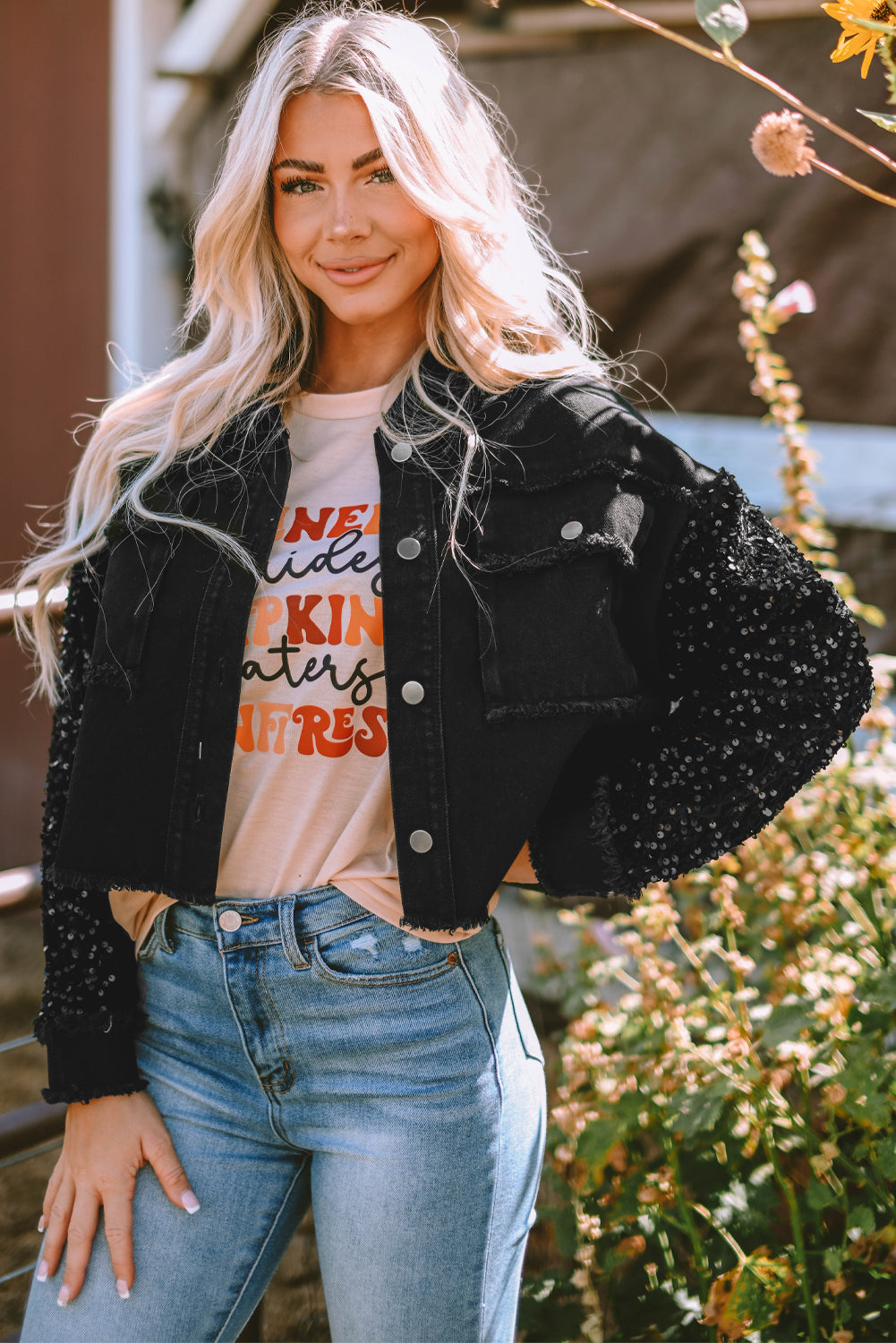 Rare Tour black denim jacket with sequin sleeves and raw hem by Pinup Girl Clothing