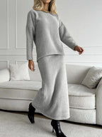 Mia Round Neck Dropped Shoulder Top and Midi Skirt Knit Set | 5 Colors