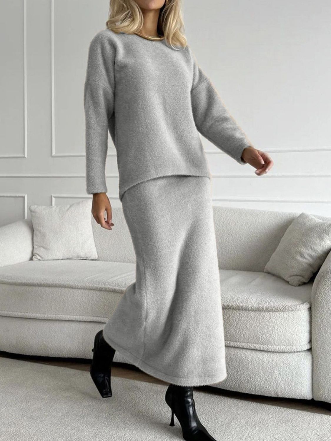 Mia Round Neck Dropped Shoulder Top and Midi Skirt Knit Set | 5 Colors