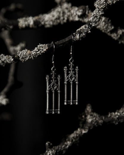 Antiqued silver gothic gate drop earrings, by The Pretty Cult
