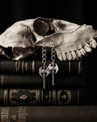 Close-up of the silver battle axe charm on the Beserker earrings, The Pretty Cult