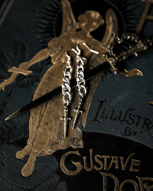 Silver athame dagger drop earrings on curb chain, by The Pretty Cult