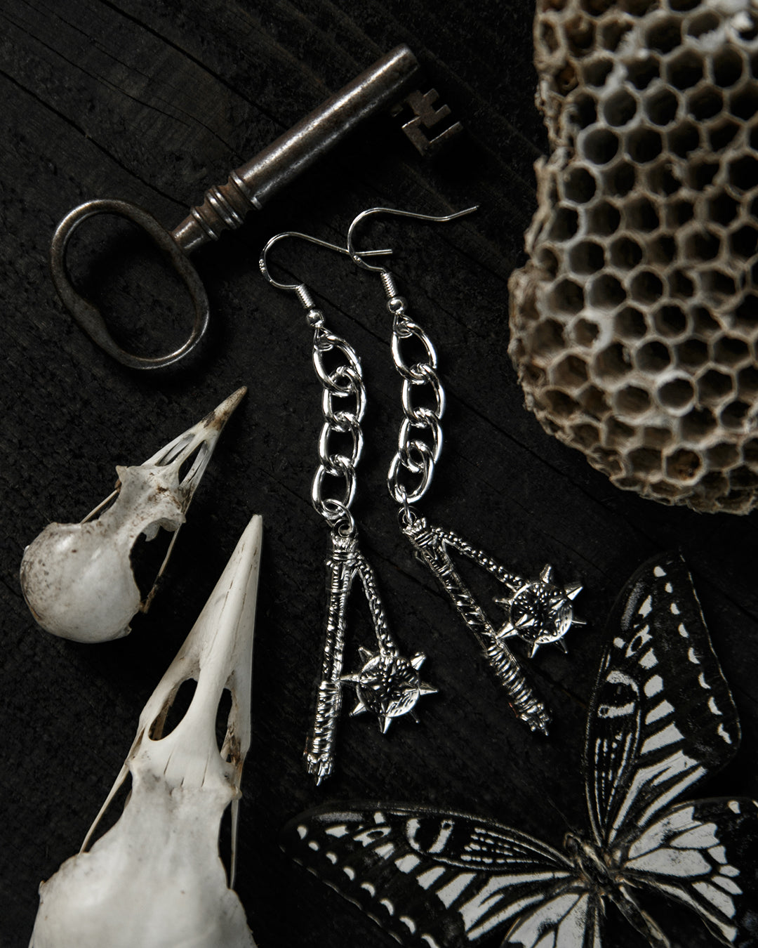 Flail silver drop earrings styled by candlelight, The Pretty Cult