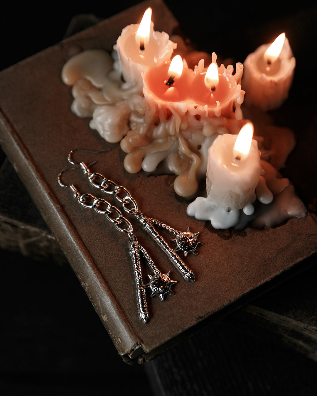 Silver spiked flail drop earrings on curb chain, by The Pretty Cult