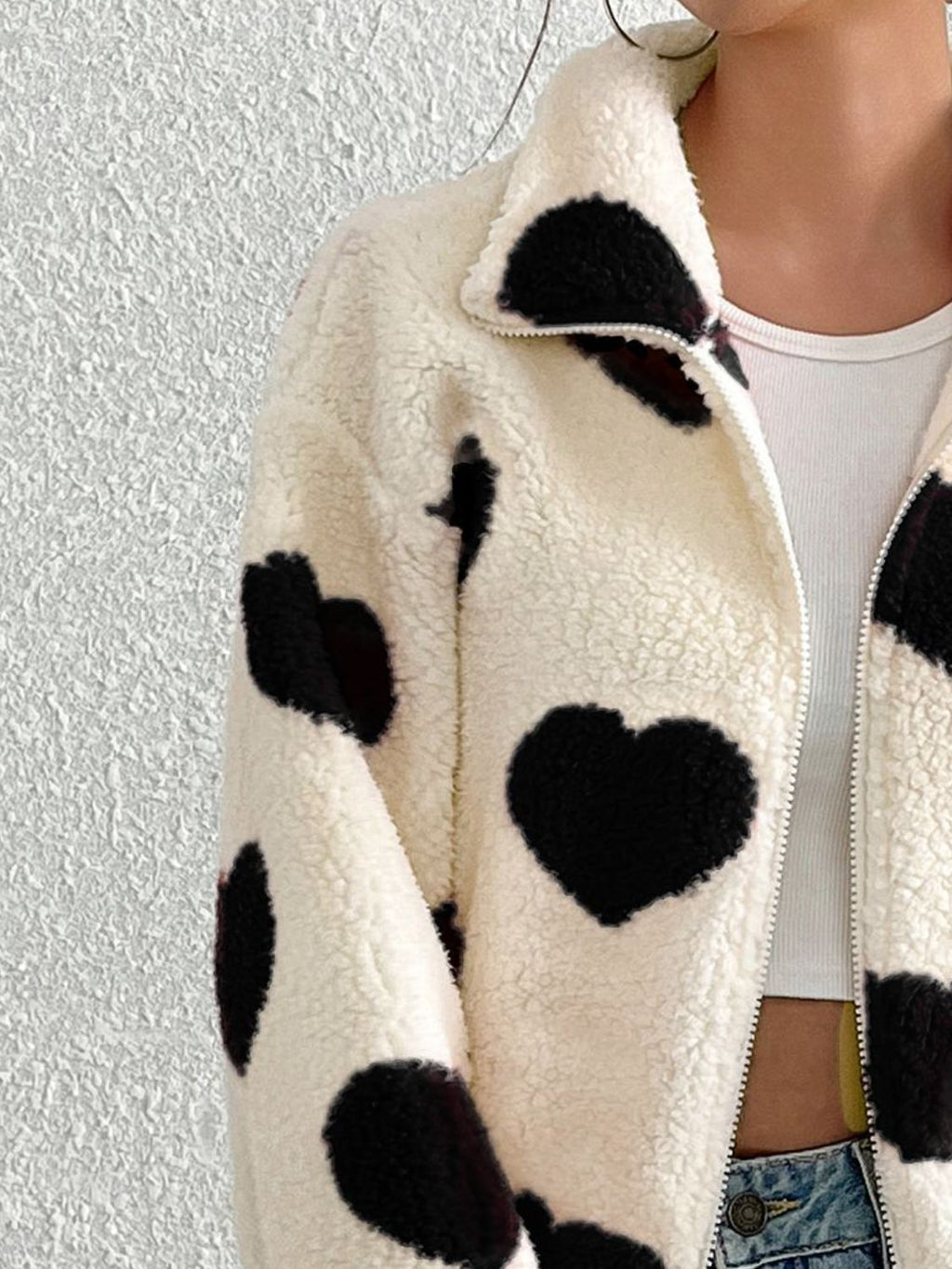 Aria Heart Zip Up Drop Shoulder Furry Jacket | 3 Colors