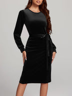 Round Neck Tie Waist Long Sleeve Velvet Dress | 4 Colors | Poundton