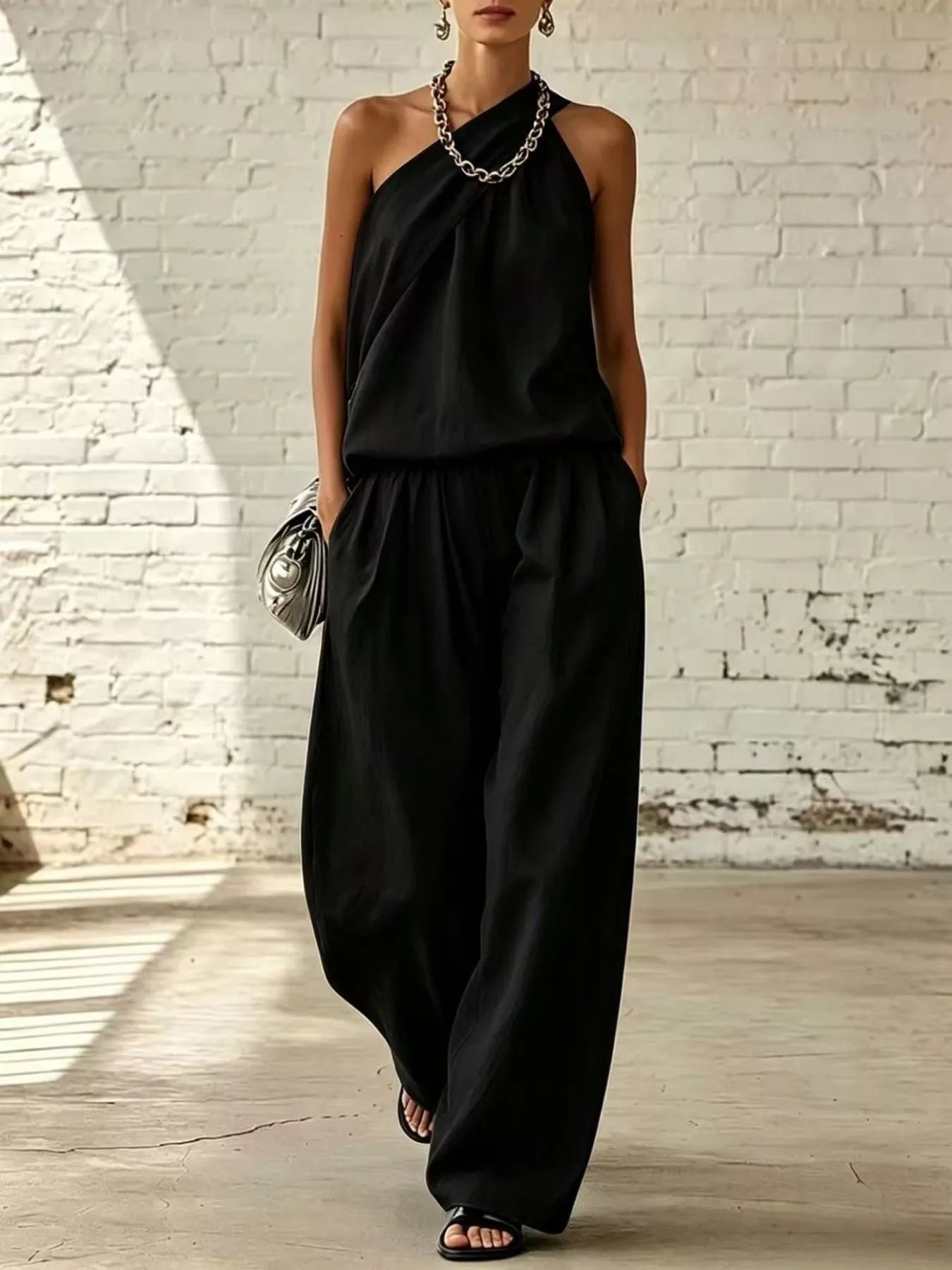 Vivienne Sleeveless Top and Wide-Leg Pants Set in Black by Pinup Girl Clothing