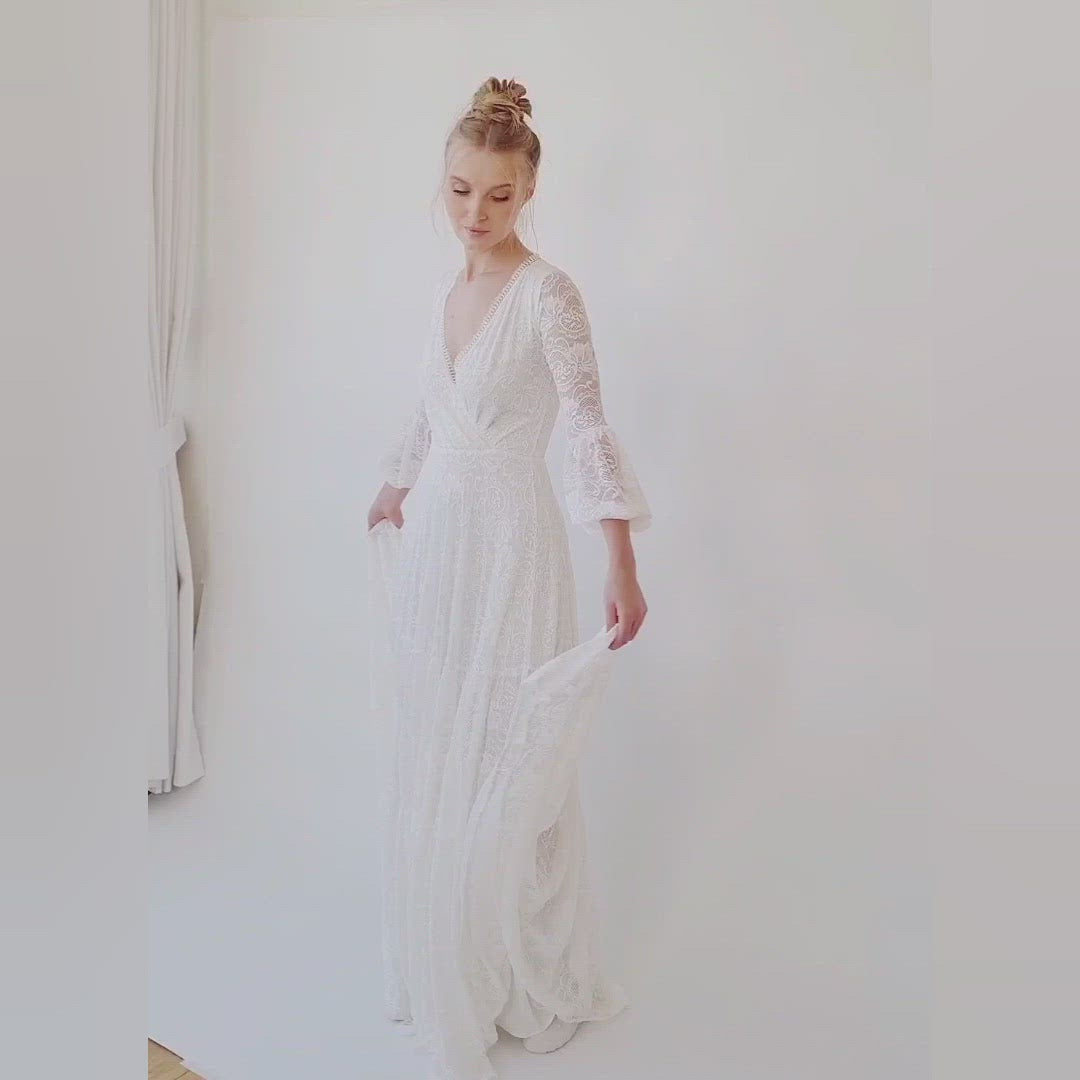 Back view of the Juniper ivory lace wrap gown