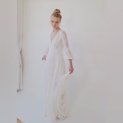 Back view of the Juniper ivory lace wrap gown