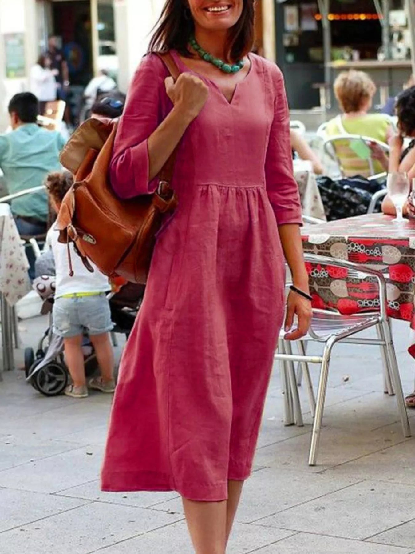Giulia notched neck cotton midi swing dress with pockets in red by Pinup Girl Clothing