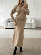 Mia Round Neck Dropped Shoulder Top and Midi Skirt Knit Set | 5 Colors
