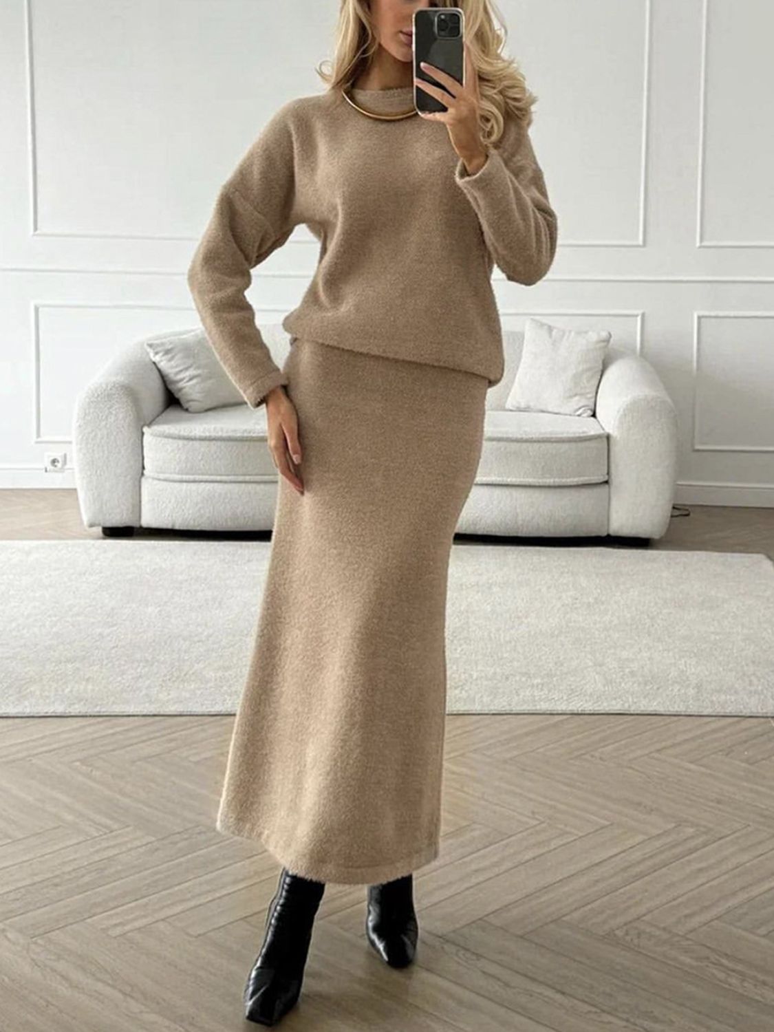 Mia Round Neck Dropped Shoulder Top and Midi Skirt Knit Set | 5 Colors