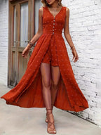 The Santorini Escape maxi romper dress by Pinup Girl Clothing, sizes XS to 4X.