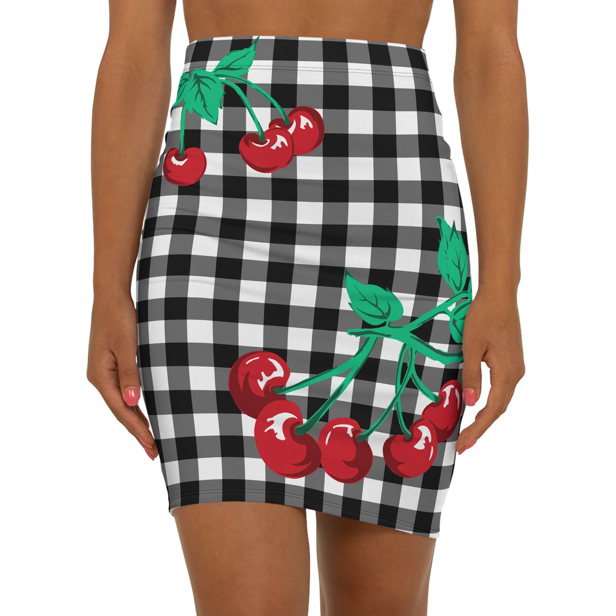 Women's 1990s Fitted Mini Skirt in Black Gingham Vintage Cherries Print