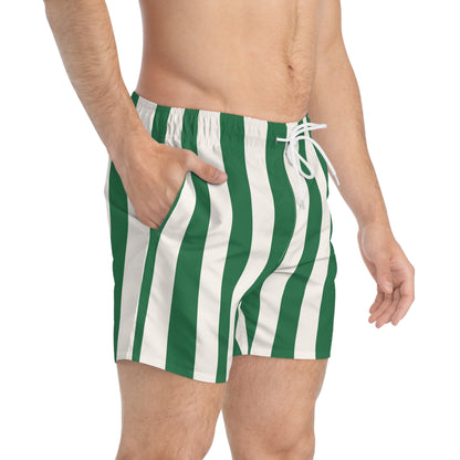Green and White Mark Stripe Men's Swim Trunks | Pinup Couture Swim