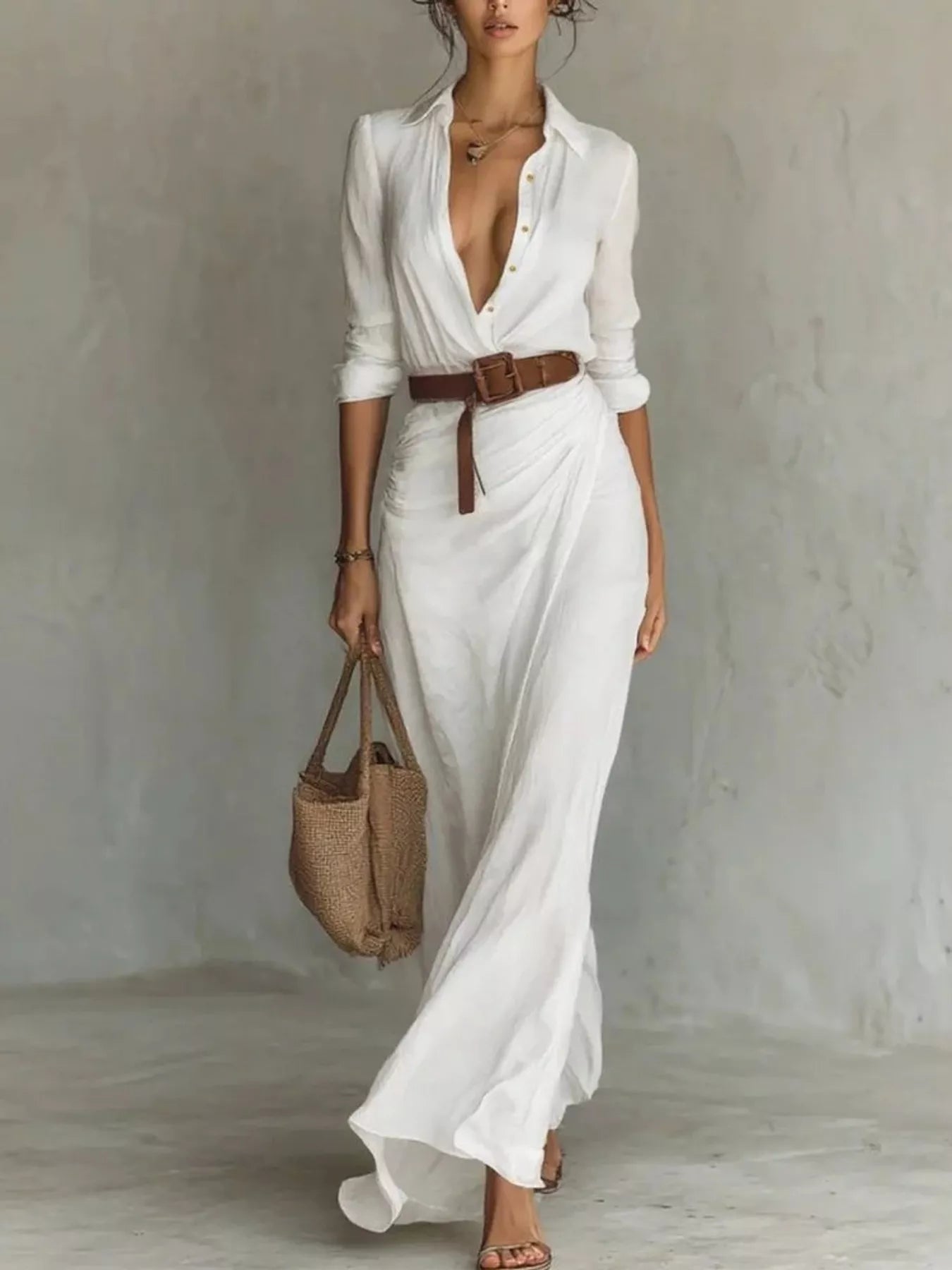 Simone belted wrap maxi dress in white with long sleeves and a ruched waist, by Pinup Girl Clothing