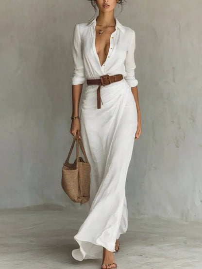 Simone belted wrap maxi dress in white with long sleeves and a ruched waist, by Pinup Girl Clothing