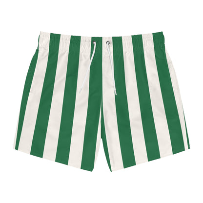 Green and White Mark Stripe Men's Swim Trunks | Pinup Couture Swim